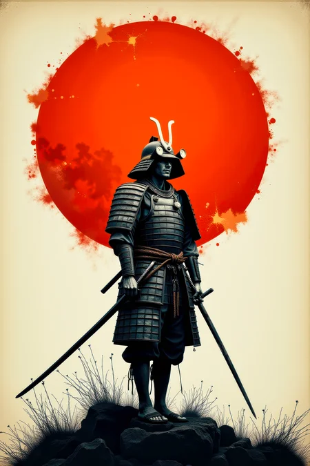 A minimal Anthotype print of the last weary samurai standing after an intense battle. He wears no armor nor any helmet. He holds his sword in hand. He is battered, bruised, and bleeds from several minor wounds. He is weary, disgusted, disheartened, and saddened at the lives that were lost. A prominent orange rising sun dominates the background. This is a full frame body shot, from head to feet, providing a environmental wide angle view of the entire body. intricate details, masterpiece, best quality. Soft volumetric lighting. <flux_realism_lora:0.42> <FluxDFaeTasticDetails:0.36> <BaroqueColorful:0.48>