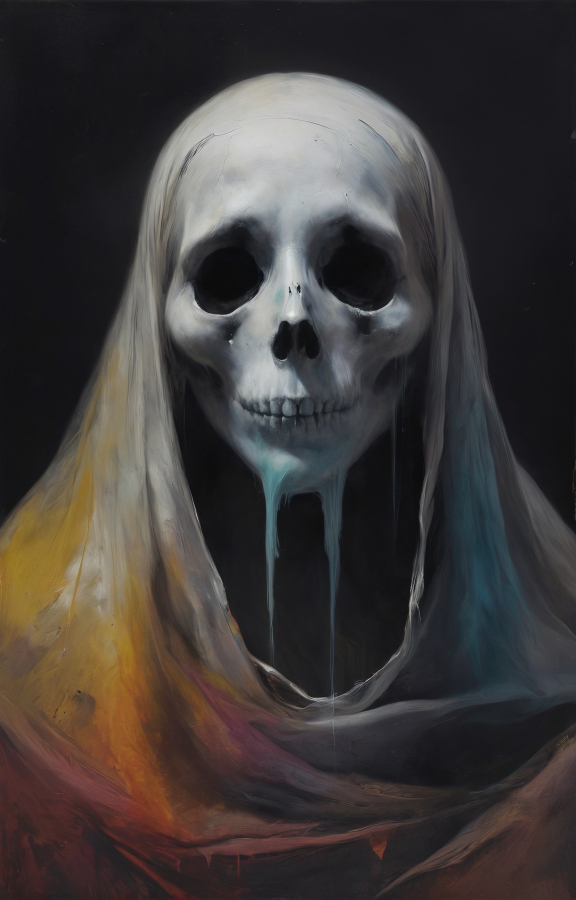a colorful painting of a ghost, extreme close-up, halloween theme aesthetics, in the style of nicola samori <lora:NicolaSamori:0.6>