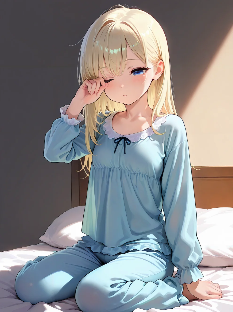 masterpiece,amazing quality,best quality,ultra-detailed,8K,illustration,CG,shiny hair,clear skin,ultra-detailed-eyes,simple background,cute girl, eyelashes <lora:rubbing eyes_illustrious_V1.0:1> rubbing eyes, one eye closed, <lora:pajamas_illustrious_V1.0:0.7> pajamas, long sleeves, pants,moring,on bed,wariza
