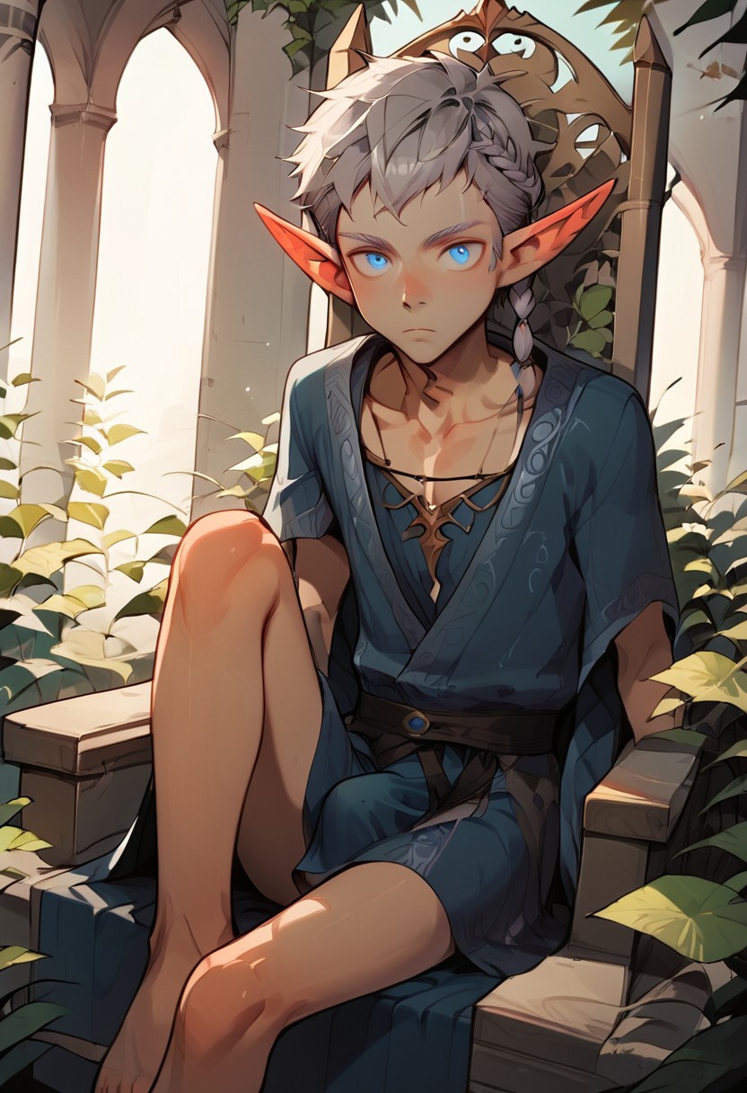 score_9, score_8_up, score_7_up, ultra detailed, anime_source,amazing quality, best aesthetic,
flat color,HD32k, Uncensored  ,BREAK,
1boy,solo,male focus,thin body,fair skin , Novice elf  boy,pointy ears, silver hair short,  side braid ,collarbone, blue eyes,look at view,sitting ,hand, take a wine,
throne,robe, royal dress, detailed face,
haughty expression,
indoor,
royal palace , 
carpet,
dutch angle shot,