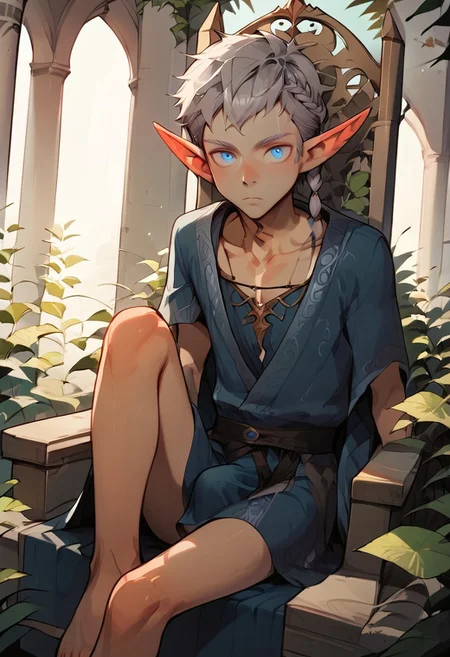 score_9, score_8_up, score_7_up, ultra detailed, anime_source,amazing quality, best aesthetic,
flat color,HD32k, Uncensored ,BREAK,
1boy,solo,male focus,thin body,fair skin , Novice elf boy,pointy ears, silver hair short, side braid ,collarbone, blue eyes,look at view,sitting ,hand, take a wine,
throne,robe, royal dress, detailed face,
haughty expression,
indoor,
royal palace ,
carpet,
dutch angle shot,
