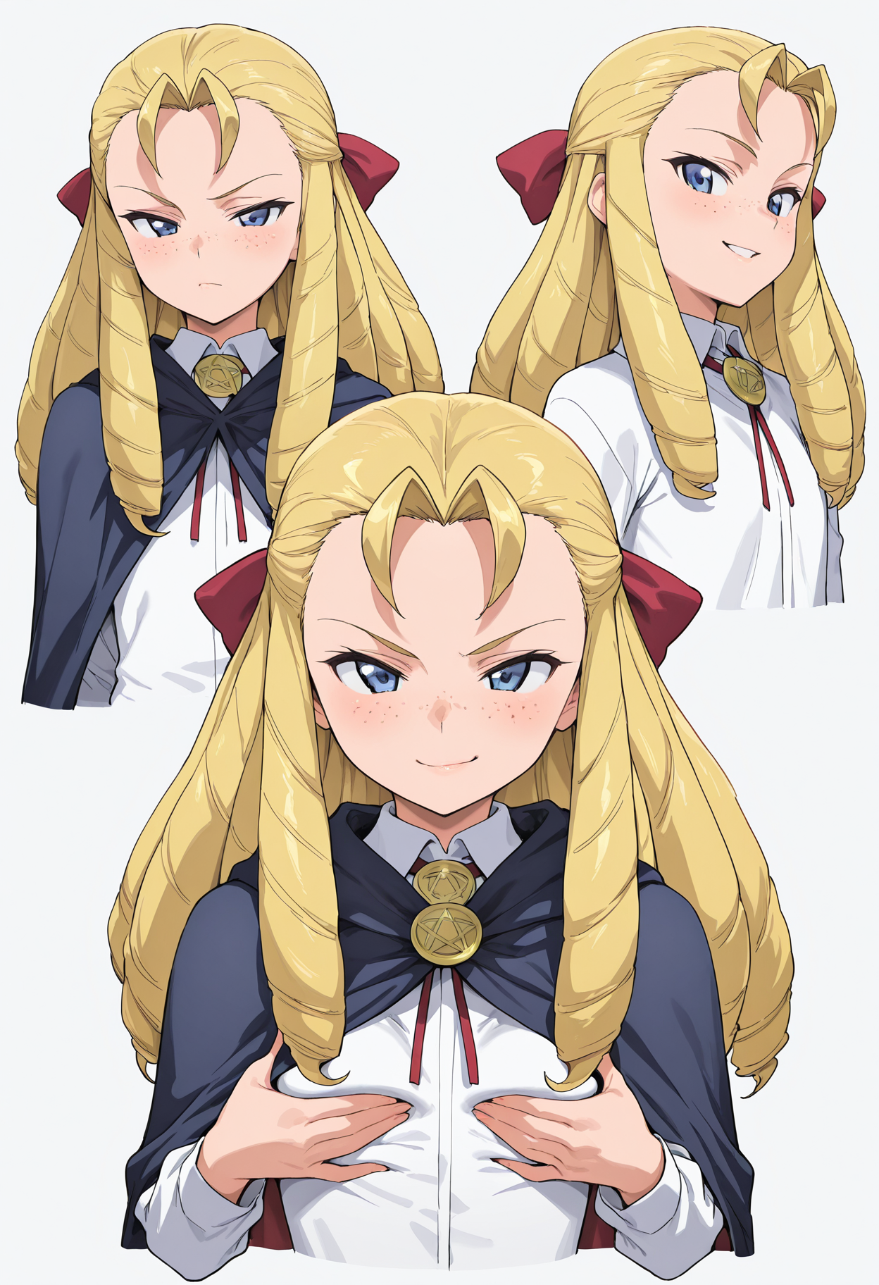 (masterpiece, best quality, newest, absurdres, highres), mnmbcstyle
looking at viewer, three quarter view, simple background, cropped torso, smirk, close-up, grabbing own breast, cape,white shirt,pentacle,
<lora:TFZ_Montmorency Margarita:0.8>montmorency margarita,blonde hair,long hair,drill hair,blue eyes,freckles,hair bow, <lora:mnmbcstyleV1X210:1>