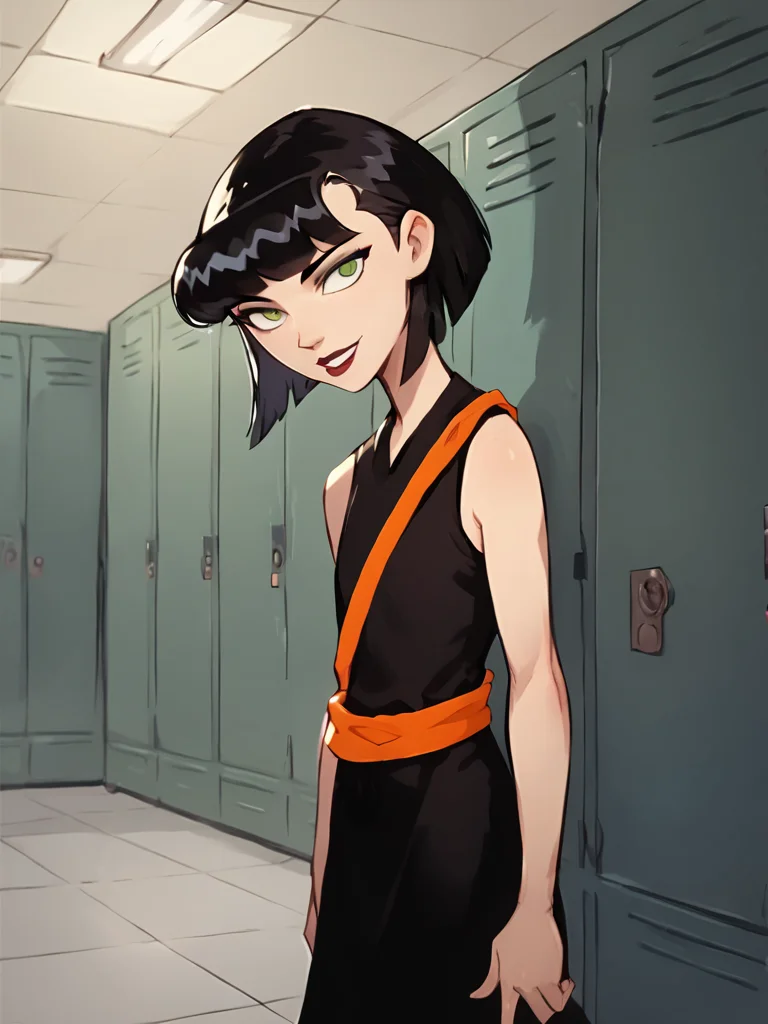 <lora:IngridPony1.0:0.8> ingridthird, 1girl, black hair, solo, short hair, green eyes, black dress,smile,orange sash, sleeveless, makeup, looking at viewer, lipstick, bob cut, locker,school,cowboy shot, score_9, score_8_up, score_7_up, score_6_up <lora:Smooth Anime Style LoRA XL:1>