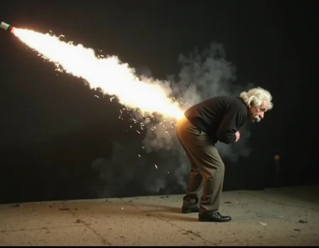 Albert Einstein is leaning forward shooting a bottle rocket from his butt.
