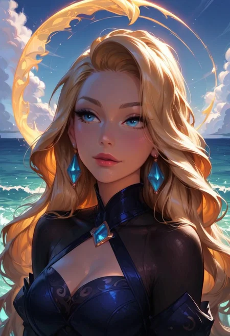 score_9, score_8_up, score_7_up, female mage, flying above ocean, waves, waves parted, blue robes, crystalline staff, deep blue eyes, blonde hair, flowing hair, ocean life in water..
In the dimly lit chamber, the enchantress' eyes sparkled with a tantalizing promise, their depths shimmering like twin stars. Her gaze, intense and mesmerizing, held the power to captivate and ensnare. The soft glow of the firelight played across her delicate features, highlighting the allure of her enigmatic smile. Draped in flowing, ethereal robes that clung to her graceful form, she moved with a fluid elegance that seemed almost otherworldly. Each glance she cast was a silent invitation, filled with the unspoken allure of secrets and desires yet to be revealed. The air around her thrummed with a subtle, magical energy, as if the very atmosphere responded to her presence. Those who met her gaze felt a magnetic pull, drawn into the spellbinding promise of her eyes, unable to look away.