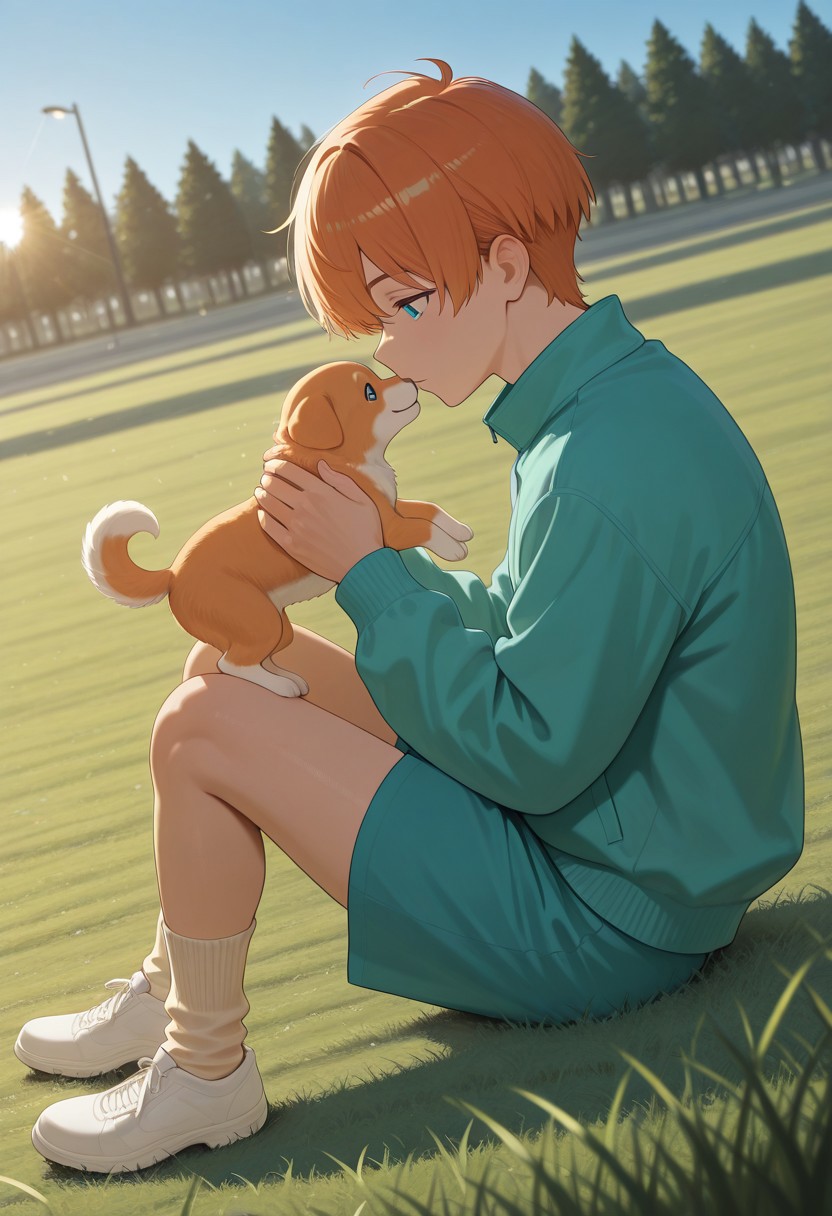 from above,from side,
[正面+キャラ名:99],
1boy,solo,
[品質タグ:99],
masterpiece,perfect quality,best quality,amazing quality,absolutely eye-catching,
[身体特徴:99],
muscle,ginger hair,short hair,
[服装:99],
BR&Relx,
aqua relaxed jacket,
aqua shorts,
beige long socks,
white footwear,
[﷿ーズと解剖学的詳細:99],
sitting on the ground,
playing with a puppy,
[環境・背景:99],
on the grass in the park,noon,blue sky,
dynamic lighting,cinematic lighting, professional lighting, 
[追加の品質/スタイルタグ:99],