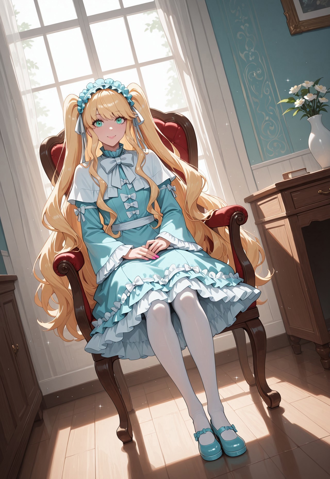 masterpiece, best quality, amazing quality, very aesthetic, absurdres, dynamic angle, ultra-detailed, highly detailed, cinematic lighting, realistic shading, BREAK
indoors, sitting, chair, day, smile, sparkling aura, looking at viewer, BREAK
NBHitoshi, 1boy, blonde hair, very long hair, wavy hair, two side up, long sidelocks, aqua eyes, pink nails, 
blue headdress, blue frilled collar, white capelet, blue frilled dress, white frills, wide sleeves, white back bow, white pantyhose, blue shoes, 