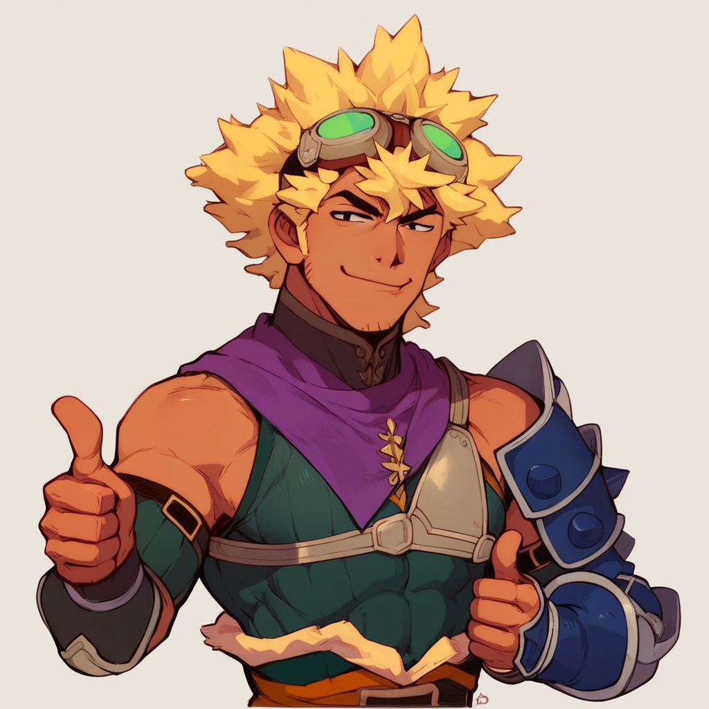Score_7_up, score_8_up, upper body, 1boy, solo male, Reverto, yellow hair, tan skin, goggles on head, armor, smirk, (thumbs up), simple background,