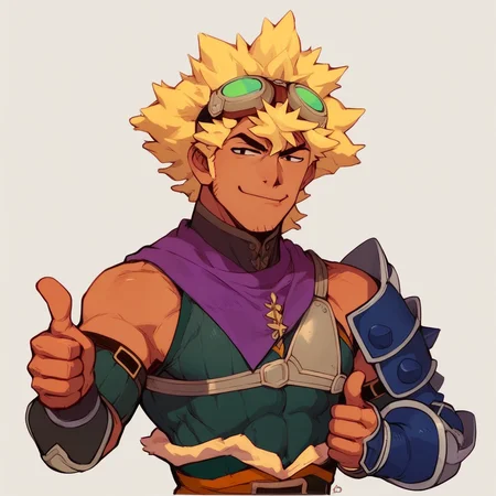 Score_7_up, score_8_up, upper body, 1boy, solo male, Reverto, yellow hair, tan skin, goggles on head, armor, smirk, (thumbs up), simple background,