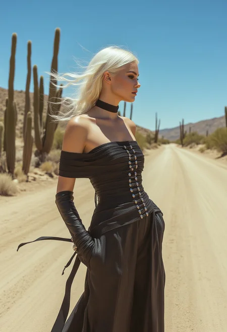 cinematic shot, side view, a shot of white hair female model, leather choker, leather bandage inspired costume design by vivian westwood is wrapped up her whole body, facing to the side and posing in over head shoulder, hands on pocket, black boots with silver buttons, set a desert scene with cactus and abandoned gas station is on the far side, blue sky, dust in the wind, nature lights, dramatic shadows, create a rebel and tough attitude