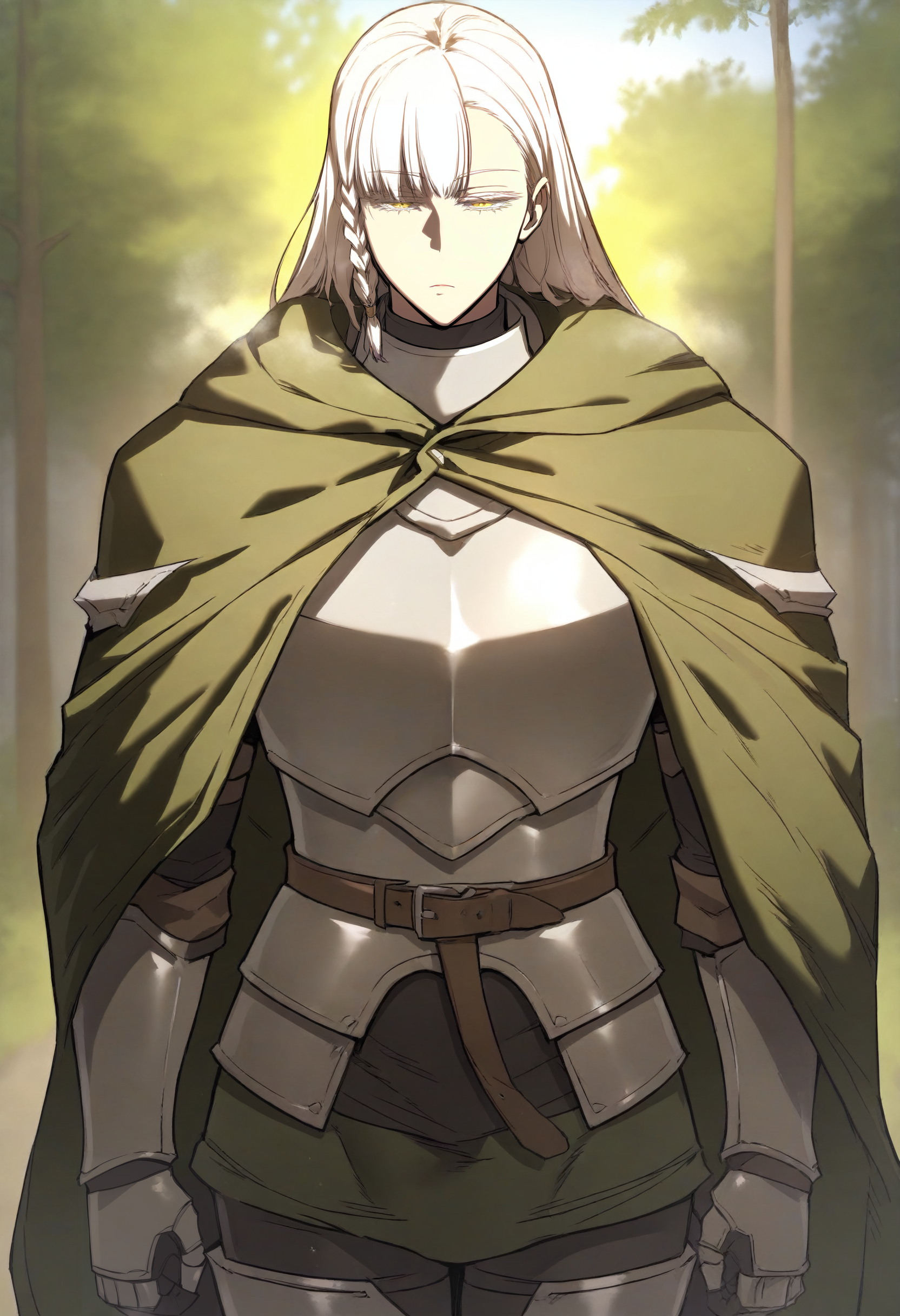 score_9, score_8_up, score_7_up, score_6_up, source_anime, rating_explicit, 1girl, solo, huge breasts, <lora:Justia prefectPonyxl:1> long hair, white hair, side braid, yellow eyes, single braid, colored eyelashes, armor, cape, green cloak, plate armor, breastplate, belt, gauntlets, expressionless, Narrow shoulders, heavy breathing, steaming body, forest, outdoors, standing, looking at viewer