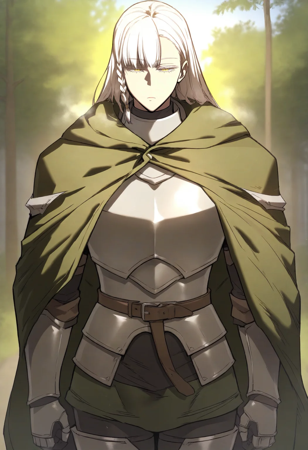 score_9, score_8_up, score_7_up, score_6_up, source_anime, rating_explicit, 1girl, solo, huge breasts, <lora:Justia prefectPonyxl:1> long hair, white hair, side braid, yellow eyes, single braid, colored eyelashes, armor, cape, green cloak, plate armor, breastplate, belt, gauntlets, expressionless, Narrow shoulders, heavy breathing, steaming body, forest, outdoors, standing, looking at viewer
