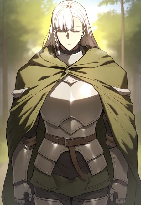 score_9, score_8_up, score_7_up, score_6_up, source_anime, rating_explicit, 1girl, solo, huge breasts, <lora:Justia prefectPonyxl:1> long hair, white hair, side braid, yellow eyes, single braid, colored eyelashes, armor, cape, green cloak, plate armor, breastplate, belt, gauntlets, expressionless, Narrow shoulders, heavy breathing, steaming body, forest, outdoors, standing, looking at viewer