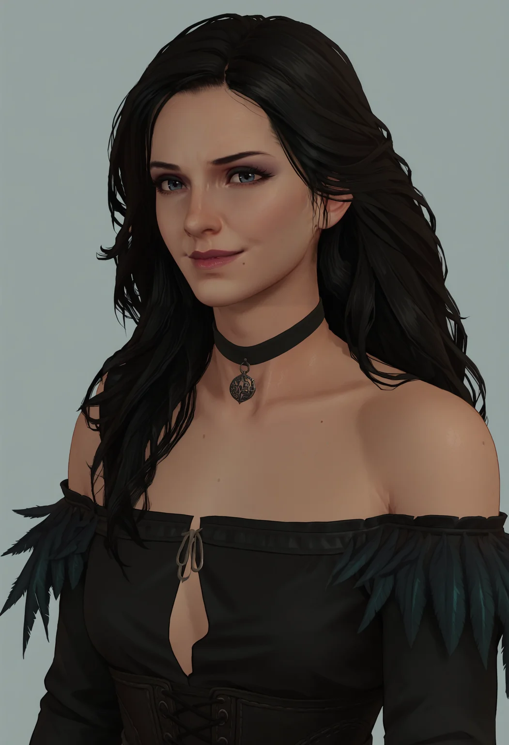score_9, score_8_up, score_7_up, score_6_up, score_5_up, score_4_up, 1girl, <lora:YenneferDLC:0.85> solo, long hair, black hair, mole, mole under mouth, choker, black choker, bare shoulders, gloves, dress, black dress, thighhighs, jewelry, upper body, looking at viewer, smile,
(light blue background:1.15), simple background,