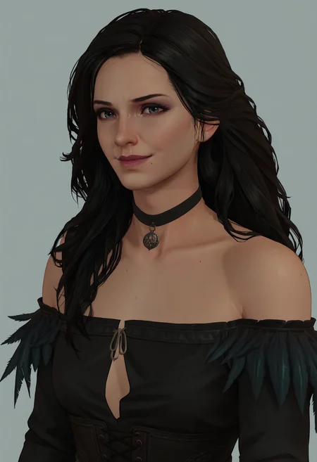 score_9, score_8_up, score_7_up, score_6_up, score_5_up, score_4_up, 1girl, <lora:YenneferDLC:0.85> solo, long hair, black hair, mole, mole under mouth, choker, black choker, bare shoulders, gloves, dress, black dress, thighhighs, jewelry, upper body, looking at viewer, smile,
(light blue background:1.15), simple background,