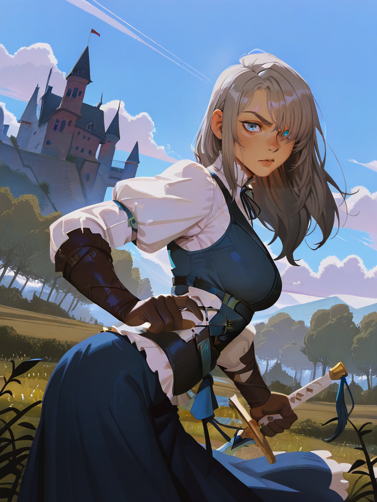 1girl, medium breasts, (JillXL:1.1), white shirt, vest, dress, skirt, long sleeves, puffy sleeves, blue eyes, grey hair, long hair, gloves, one eye covered,
serious, dutch angle, sexy pose, looking at viewer, blue sky, clouds, castle behind, vegetation, daylight, dynamic pose, cowboy shot, leaning forward, holding sword, fighting stance, from side,
<lora:AjillWarrick_character:0.7>  <lora:Incase_New_Illust:0.85> ICJournals, blocky, painterly,