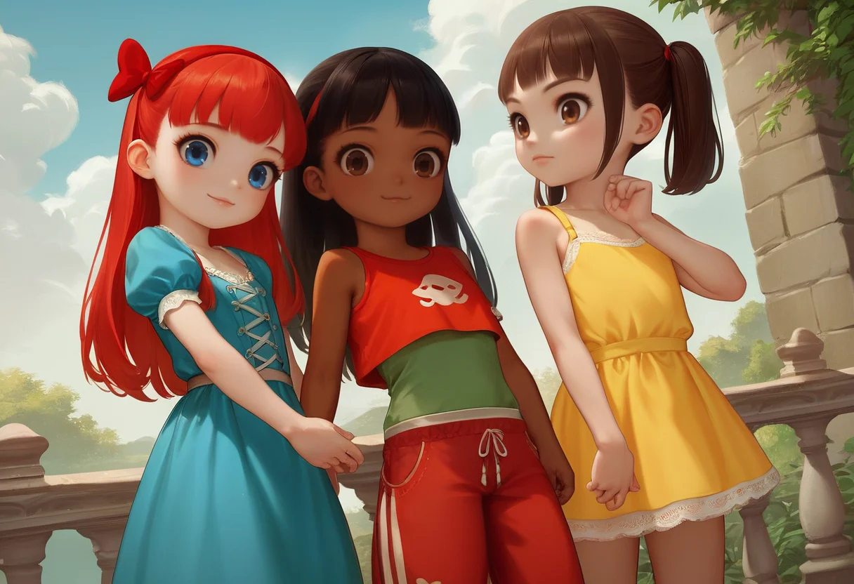 score_9, score_8_up, score_7_up, score_6_up, rating_safe, source_cartoon, scenery, standing, 3girls, smile, looking at viewer, group portrait,
BREAK Ariel, Blue eyes, red long hair, hair bow, hair band, blue dress, corset,
BREAK Princess Jasmine, black long hair, ponytail, dark skin, red tube top, red harem pants,
BREAK Belle /(Beauty and the beast/), makeup, yellow dress, bare shoulders, cleavage, gloves, brown hair bun, tiara,
<lora:age_slider_v4:-10>