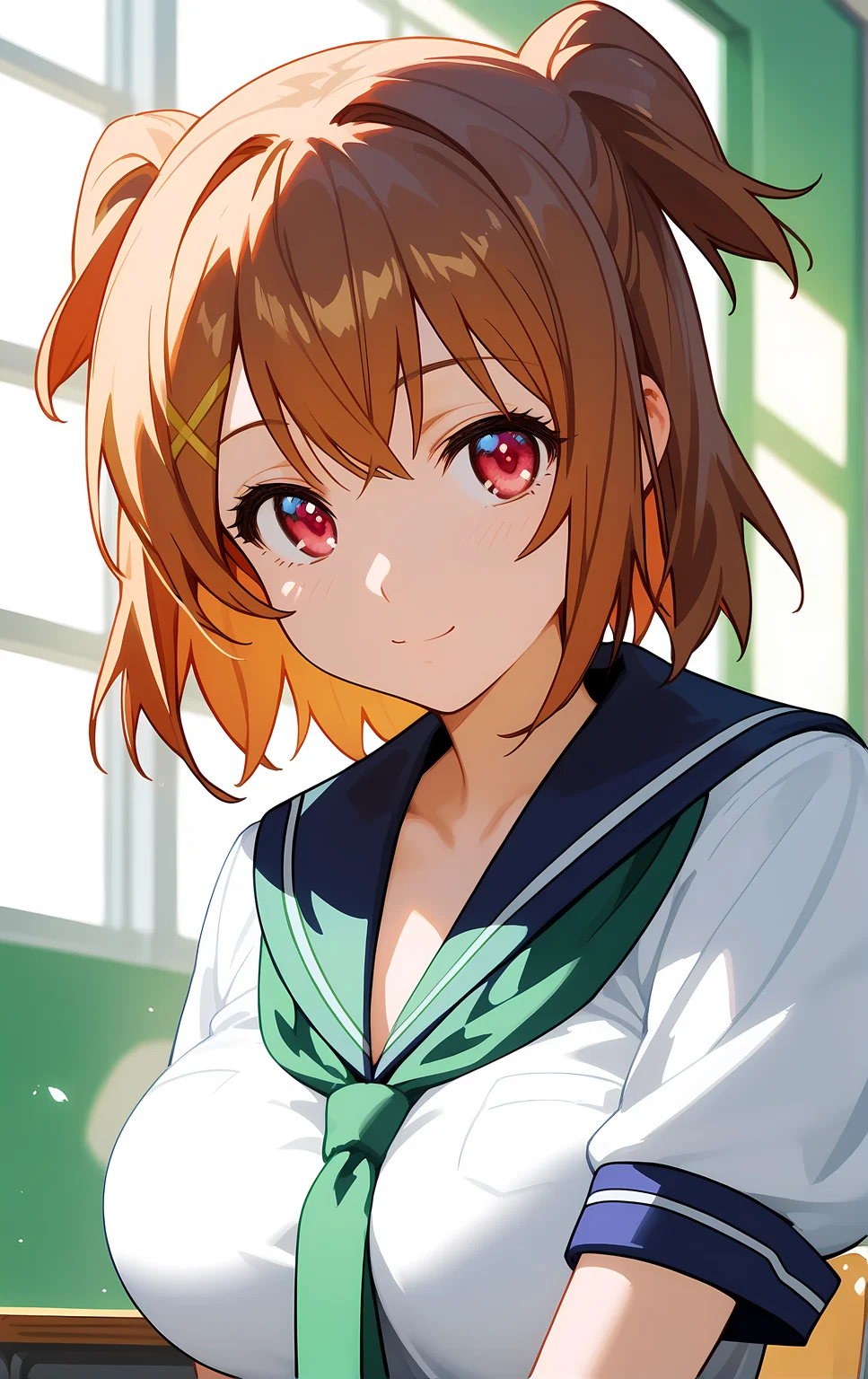 (score_9, score_8_up, score_7_up), 1girl, window, sunlight, classroom,
leaning forward, looking at viewer, closed mouth, light smile, tight clothes, close-up,
ohwx, 1girl, solo, breasts, brown_hair, large_breasts, short_hair, two_side_up, pink_eyes, red_eyes, school uniform,
<lora:kushiya_inaho_pony_ss:1>
