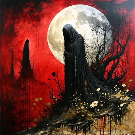 an abstract horror painting of La Llorona, growing things, details in charcoal and cross hatching with random flecks of color, dread, red, black, gold and silver