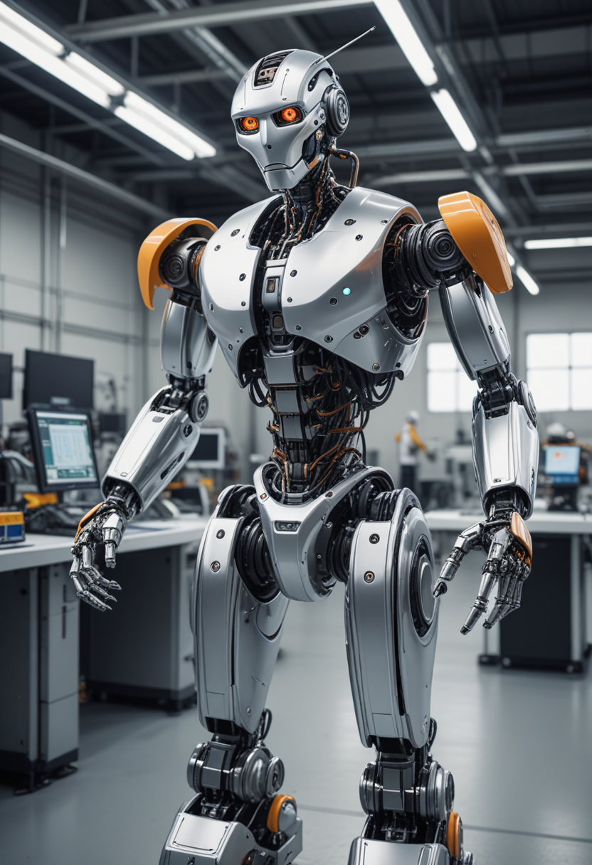 (medium full shot) of (robust robot), chrome versatile modular system, integrated HUD, antennas, set in  an innovative production facility, featuring robotic assembly, advanced diagnostics, high-efficiency operations, during the day, Masterpiece,best quality, photo, realistic, very aesthetic, detailed face,