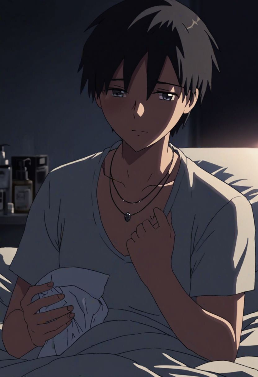 Highres, Masterpiece, High Quality, 4K, 8K, solo, 1Boy, Takaki Toono, adult, black hair, short hair, bedroom, dimly lit, pillow, blanket, necklace, upper body quarter, sexual stimulation, tissue, lotion, sex toys, climax, masturbation, easynegative, detailed_eye_model