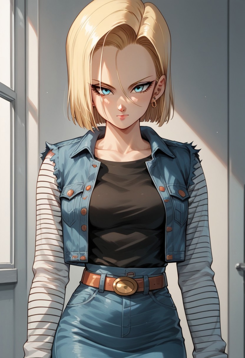 source_anime, score_9, score_8_up, score_7_up, high quality, 
android18, 1girl, solo, blonde hair, blue eyes, short hair,
outif1, stripped sleeves, denim jacket, denim skirt, pantyhose, belt, torn sleeves, long sleeves,
looking at viewer, portrait, sensual
