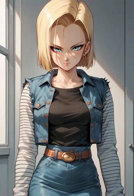 source_anime, score_9, score_8_up, score_7_up, high quality,
android18, 1girl, solo, blonde hair, blue eyes, short hair,
outif1, stripped sleeves, denim jacket, denim skirt, pantyhose, belt, torn sleeves, long sleeves,
looking at viewer, portrait, sensual