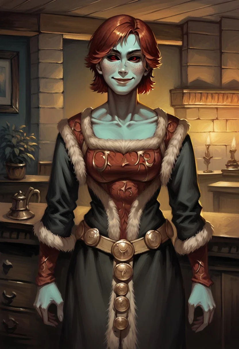score_9_up, score_8_up, score_7_up, score_6_up, 1girl, solo, Falanu_Hlaalu, short hair, red hair, colored skin, freckles, red eyes, black sclera, long dress, fur trim, long sleeves, belt, smile, standing, indoors, (fantasy art)