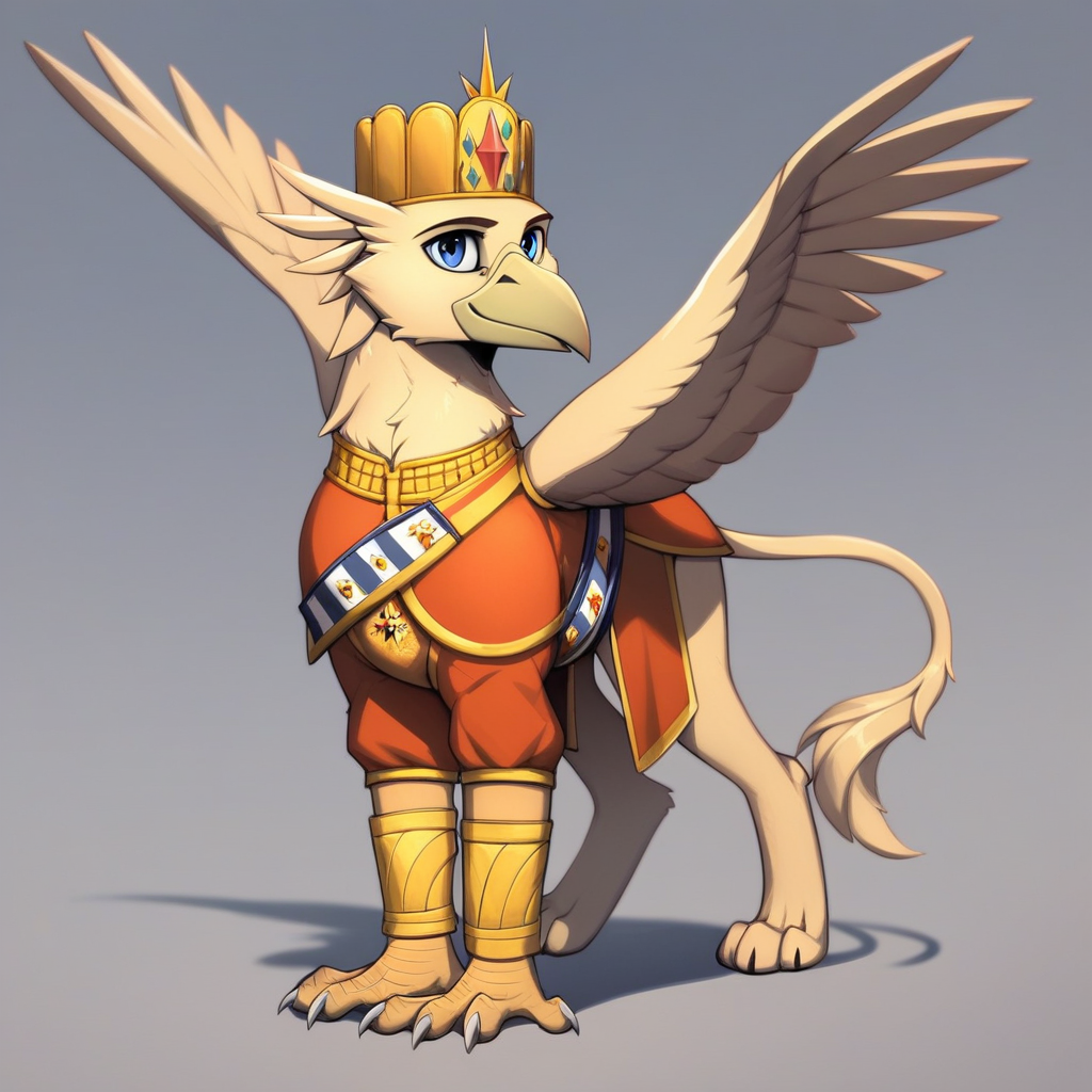 masterpiece, score_9_up, score_8_up, score_7_up, score_6_up, (best quality:1.1), ultra-detailed, high resolution, solo, Grover VI, Kaiser, griffon, feral, avian, beak, male, eyebrows, blue eyes, feathers, wings, feathery ears, smile, military royal clothes, kaiser crown, detailed facial features, full body, upper, expressiveh, simple background, highly visible, sharp focus, anatomically correct