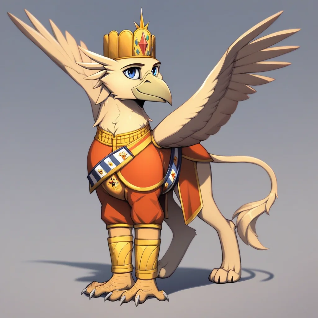 masterpiece, score_9_up, score_8_up, score_7_up, score_6_up, (best quality:1.1), ultra-detailed, high resolution, solo, Grover VI, Kaiser, griffon, feral, avian, beak, male, eyebrows, blue eyes, feathers, wings, feathery ears, smile, military royal clothes, kaiser crown, detailed facial features, full body, upper, expressiveh, simple background, highly visible, sharp focus, anatomically correct