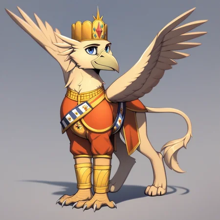 masterpiece, score_9_up, score_8_up, score_7_up, score_6_up, (best quality:1.1), ultra-detailed, high resolution, solo, Grover VI, Kaiser, griffon, feral, avian, beak, male, eyebrows, blue eyes, feathers, wings, feathery ears, smile, military royal clothes, kaiser crown, detailed facial features, full body, upper, expressiveh, simple background, highly visible, sharp focus, anatomically correct