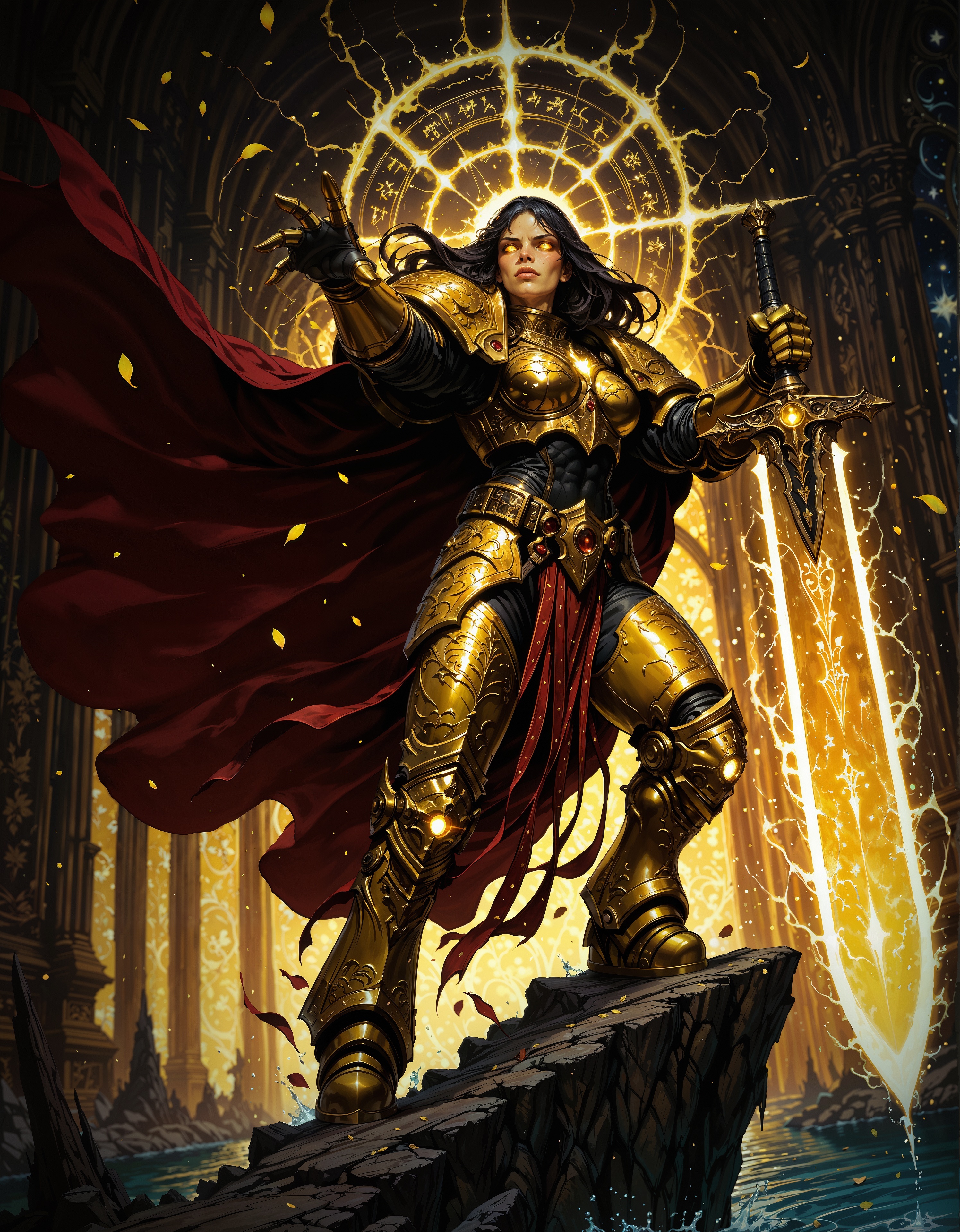 masterpiece, best quality,high quality, newest, highres,8K,HDR,absurdres, 1girl, solo, iLLEmperor40k, dark hair, glowing eyes, enchanted sword, floating petals, golden armor, intricate patterns, ethereal glow, holding sword, armored gauntlets, high fantasy, flowing cape, standing on water, floral motifs, blue and gold palette, celestial symbols, moonlit background, misty environment, depth of field, dramatic lighting, mystical aura, detailed background, dynamic pose, foreshortening, fantasy illustration, glowing runes, limited palette, elegant battle stance, cinematic shot., detailed background, dynamic pose, dynamic composition,dutch angle, detailed backgroud,foreshortening,blurry edges
<lora:iLLEmperor40k:1>  <lora:iLLMythM4gicalL1nes:0.8> M4gicalL1nes