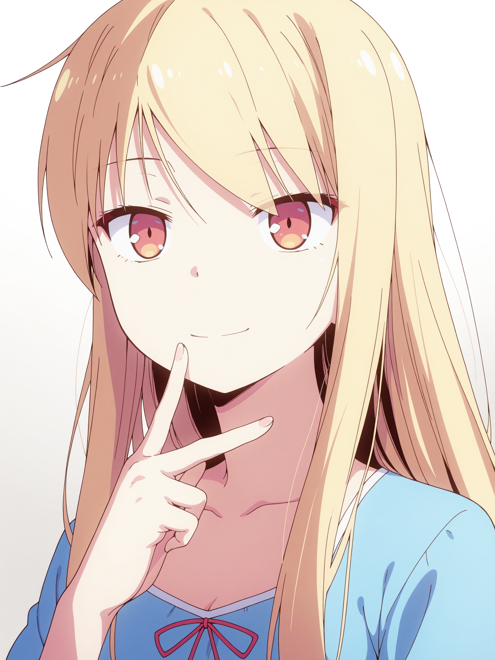 best quality,amazing quality,<lora:Mashiro_Shiina:1>,mashiro_shiina,blonde hair,small breasts,portrait,fingers smile,expressionless,dress,shows heart with hands,