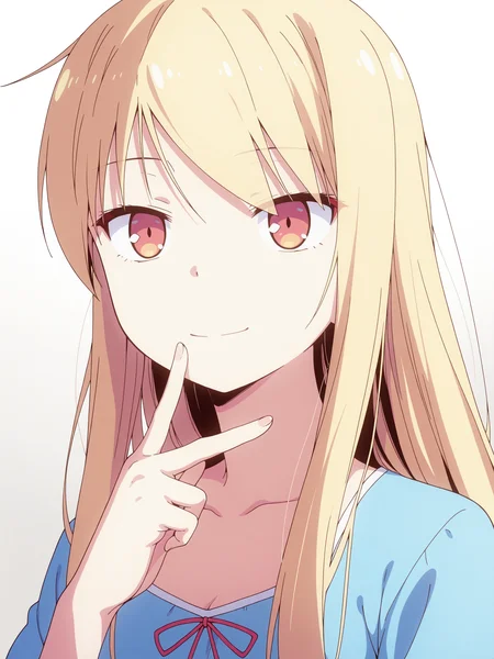 best quality,amazing quality,<lora:Mashiro_Shiina:1>,mashiro_shiina,blonde hair,small breasts,portrait,fingers smile,expressionless,dress,shows heart with hands,