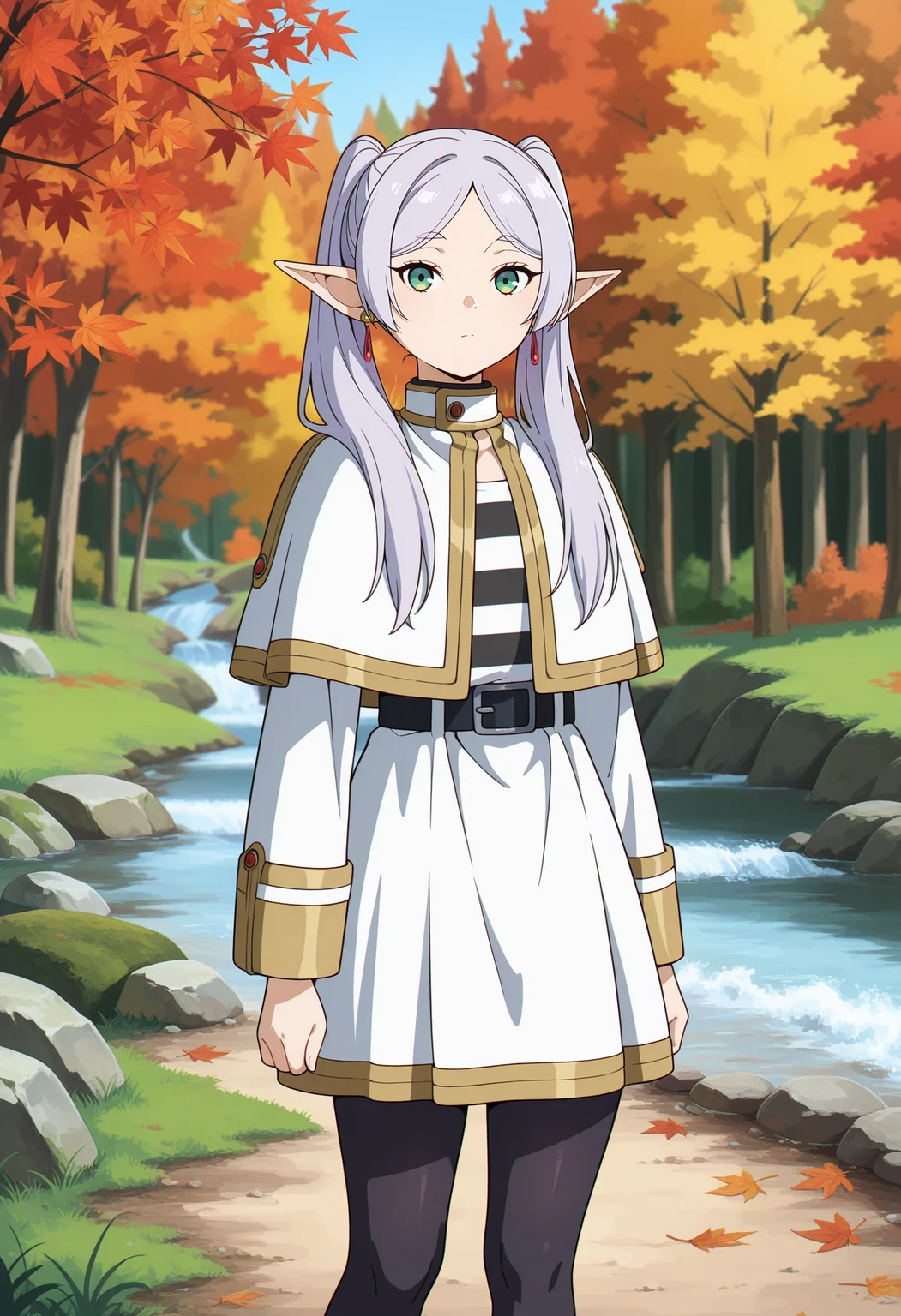 anime screencap, masterpiece, best quality,
<lora:SousouNoFrieren_Frieren_IlluXL:0.9>,
1girl, solo, closed mouth,
grey hair, long hair, green eyes, twintails, parted bangs, earrings, pointy ears,
FrierenCasual, striped shirt, white capelet, black belt, white skirt, long sleeves, black pantyhose,
standing, looking at the viewer,
photo background, forest, tree, moss, stream, stone, leaf, maple tree, grass, nature, blurry background