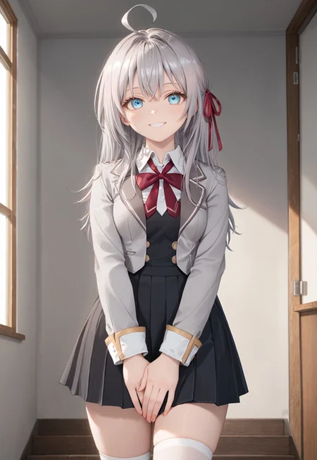 detailed, sinfully stylish, dramatic lighting, long shadows, soft light, contrapposto, anime, 1girl, solo, blue eyes, grey hair, ahoge, school uniform, dark grey pleated dress, grey jacket, white thighhighs, hair ribbon, staring at viewer, smiling, wide hips, standing, hip sway,covering crotch, from behind 