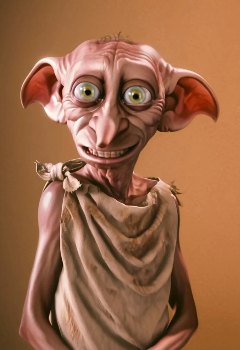 dobby_house-elf, 1male, short, skinny, bald, large green eyes, long nose, long pointed ears, brown skin, sleeveless dark grey rags clothes, barefoot, score_8_up, score_7_up, BREAK, solo, looking at viewer, scared, head tilt, large smile, teeth, male focus, looking at viewer, detailed background, 4k, masterpiece, best quality, highly detailed, realistic, 3d, portrait, portrait