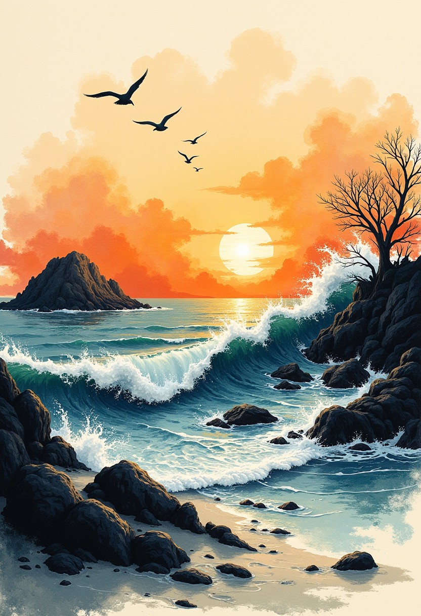 traditional japanese art style, ,rice paper, grunge, ink, watercolor, beach, sea, islands, waves, seabirds, sunset, wabi-sabi