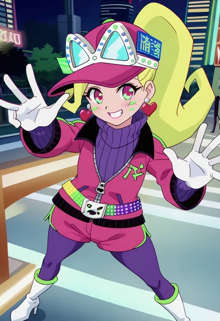 score_9, score_8_up, score_7_up BREAK AniPitstop, 1girl, blonde hair, ponytail, pink eyes, pink lipstick, green blush, pink baseball cap, white goggles on head, heart earrings, rainbow belt, green-jeweled cat silver buckle, long-sleeved pink jacket, purple sweater, white gloves, pink shorts, purple tights, white high-heeled boots, solo, solo focus, female, female focus, full body, screenshot, official art, parody, anime footage, official design, screencap, anime screenshot, official screenshot, 2d, anime, source_anime, smiling at viewer, futuristic tokyo background, tokyo neon outdoors,