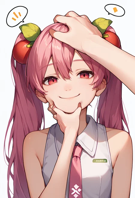 score_9, score_8_up, score_7_up, source_anime, headpat, pov hands, povcheekgrabbing, hand on another's face, upper body, solo focus, 1girl, sakuramiku, smile, looking at viewer, spoken question mark, twintails, food-themed hair ornament, cherry, white shirt, sleeveless shirt, pink necktie, bare shoulders <lora:Headpat_XLPD:1> <lora:sppovCheekGrabbingmemeXLPony:1> <lora:vocaloid_sakuramiku_ponyXL:1>