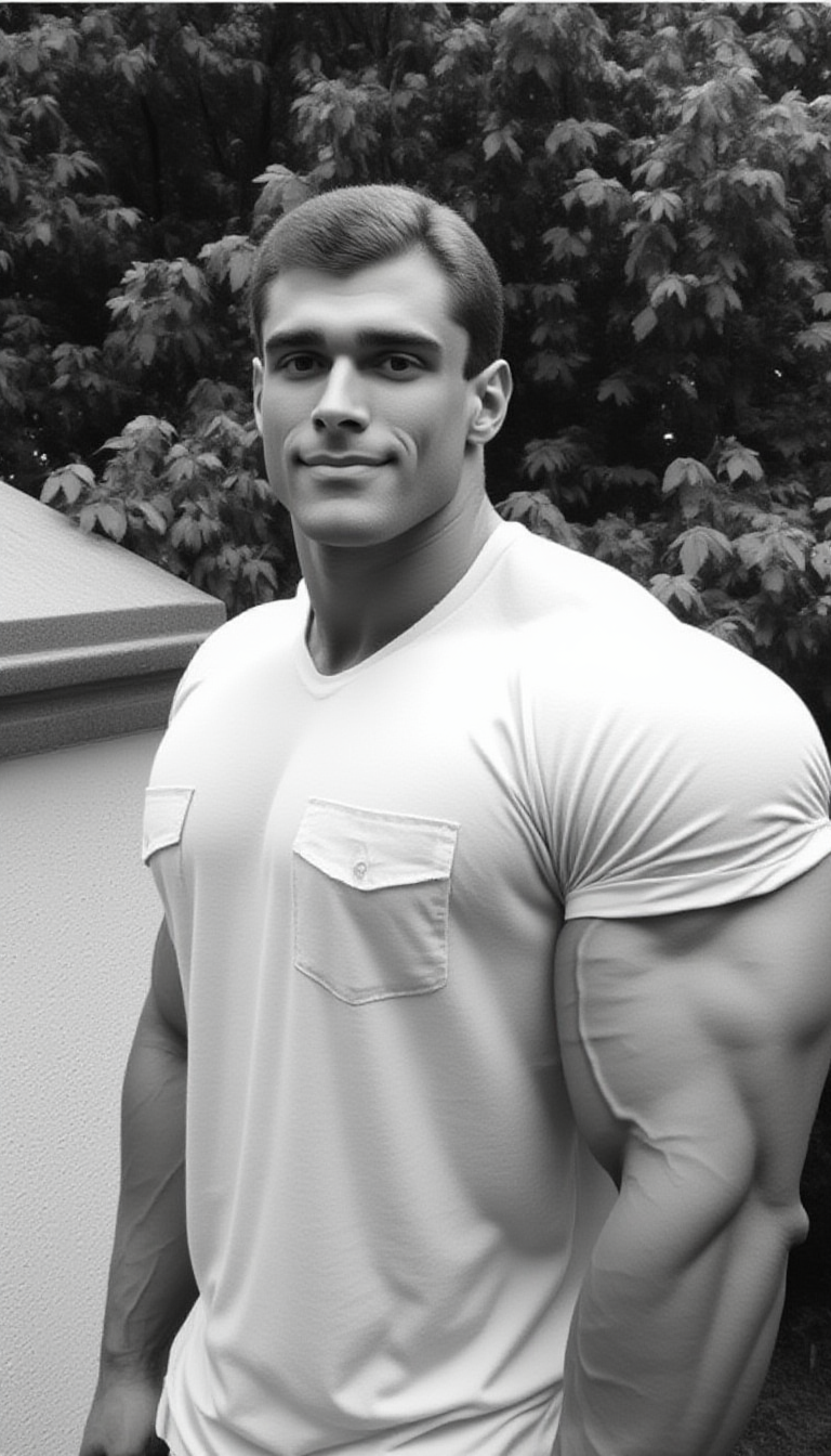This black-and-white photograph features a  youngish (18-25) masculine @wssngr1 male muscular man standing outdoors in a park-like setting. The man, positioned slightly to the right of center, has a well-defined, extremely muscular physique with bulging biceps and a broad chest. He is wearing white short sleave shirt with pockets that accentuates his muscular build, and his short, dark hair is neatly combed back. His expression is confident and slightly serious. Perfect hand
In the background, lush green foliage with leaves and trees can be seen, suggesting a park or garden setting. The lighting is natural, likely from the sun, casting soft shadows that enhance the texture of his skin and the definition of his muscles. To the left of the man, there is a white, textured surface, possibly a wall or part of a building, adding a contrasting element to the image.
The photograph is signed in the bottom left corner with the initials "CHROME188." The overall style is classic, with a focus on the man's physique and the natural environment. The image is high-contrast, emphasizing the details of the man's body and the textures of the foliage. The composition is slightly tilted, giving a dynamic and engaging feel to the photograph.
<lora:Hand v2:1><lora:@brtlmss1.v4.style.solo.flux1d_epoch_1:0.9><lora:JohnWessinger.v1.char.@wssngr1.flux1d_epoch_3:0.9>