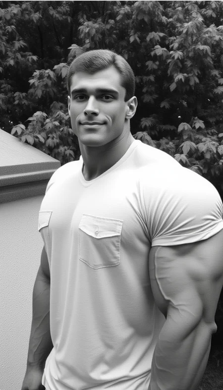 This black-and-white photograph features a  youngish (18-25) masculine @wssngr1 male muscular man standing outdoors in a park-like setting. The man, positioned slightly to the right of center, has a well-defined, extremely muscular physique with bulging biceps and a broad chest. He is wearing white short sleave shirt with pockets that accentuates his muscular build, and his short, dark hair is neatly combed back. His expression is confident and slightly serious. Perfect hand
In the background, lush green foliage with leaves and trees can be seen, suggesting a park or garden setting. The lighting is natural, likely from the sun, casting soft shadows that enhance the texture of his skin and the definition of his muscles. To the left of the man, there is a white, textured surface, possibly a wall or part of a building, adding a contrasting element to the image.
The photograph is signed in the bottom left corner with the initials "CHROME188." The overall style is classic, with a focus on the man's physique and the natural environment. The image is high-contrast, emphasizing the details of the man's body and the textures of the foliage. The composition is slightly tilted, giving a dynamic and engaging feel to the photograph.
<lora:Hand v2:1><lora:@brtlmss1.v4.style.solo.flux1d_epoch_1:0.9><lora:JohnWessinger.v1.char.@wssngr1.flux1d_epoch_3:0.9>