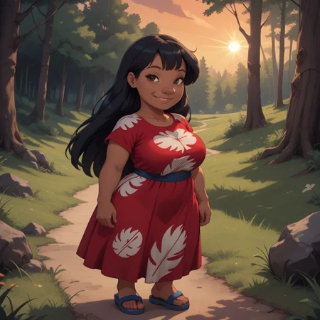 score_9, score_8, BREAK, solo, Lilo, dark skin, dark skin female, brown eyes, black hair, long hair, bangs, red dress, short sleeves, blue sandals, tall, adult female, mature female, big breasts, sexy pose, self portrait, smile, looking at viewer, outdoors, sunlight, shadows, evening lighting, natural lighting, forest, trees, grass, orange sky, sunset, shortstack, thick thighs, wide hips, curvy, large breasts, saggy breasts,