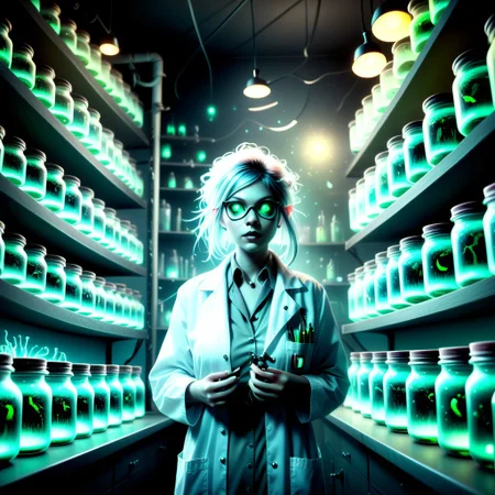 Shelves of a bioluminescent pixies, nymphs and fairies in a glass jars. eerie.Dark
Fantasy style.female mad scientist, dirty lab coat, cluttered messy laboratory, cryptozoologist,, Fantasy dreamlike art.
Female Mad scientist