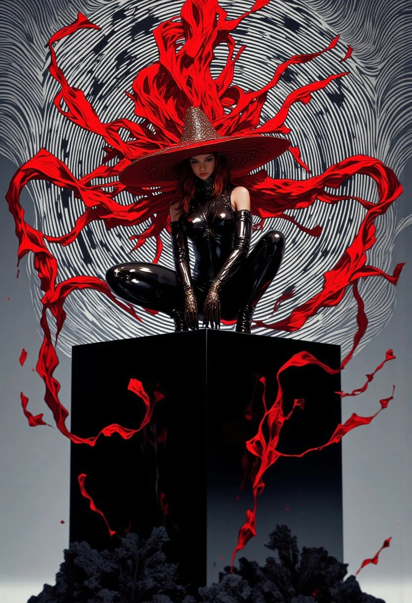 This fashion photograph captures a mesmerizing composition of a woman elegantly squatting atop a glossy black 3x3 square-foot reflective cube, exuding modern sophistication. She wears a sleek black bodysuit that accentuates her form, paired with a striking red hat featuring an exaggerated, sculptural brim. From the hat, rich, vibrant red ribbons cascade in flowing, dramatic arcs, introducing a sense of motion that beautifully contrasts with the cube’s geometric solidity. The cube’s reflective surface mirrors her poised figure and the vibrant ribbons, enhancing the visual depth and dynamism. Behind her, a hypnotic backdrop of black-and-white optical illusion lines creates an interplay of sharp geometry and flowing textures, drawing the eye irresistibly to the central figure. Soft, diffused lighting accentuates the glossy sheen of the cube, the smooth elegance of her attire, and the luminous vibrancy of the ribbons, while subtle shadows add dimensionality. The minimalist gray gradient background frames the composition, amplifying the bold contrast between the flowing, organic forms and the sharp, geometric elements. This photograph is a masterful blend of surreal elegance and contemporary design, rendered in ultra-HD, 8K quality, flawlessly detailed, and captivatingly executed.