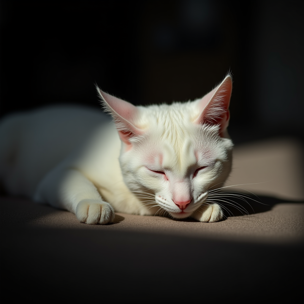 <lora:Chiaroscuro Lighting Style v1:1>
Chiaroscuro Lighting Style of a white cat is sleeping on a couch, sharp, detailed, perfect, perfection, realism, cinematic exposure, cinematic color, cinematic contrast, dramatic style, cinematic style, dramatic shadow, partially covered in shadow, Chiaroscuro Lighting Style, closed eyes, lying, blurry, no humans, blurry background, animal, cat, realistic, animal focus, penis, on stomach, white fur, whiskers, photorealistic