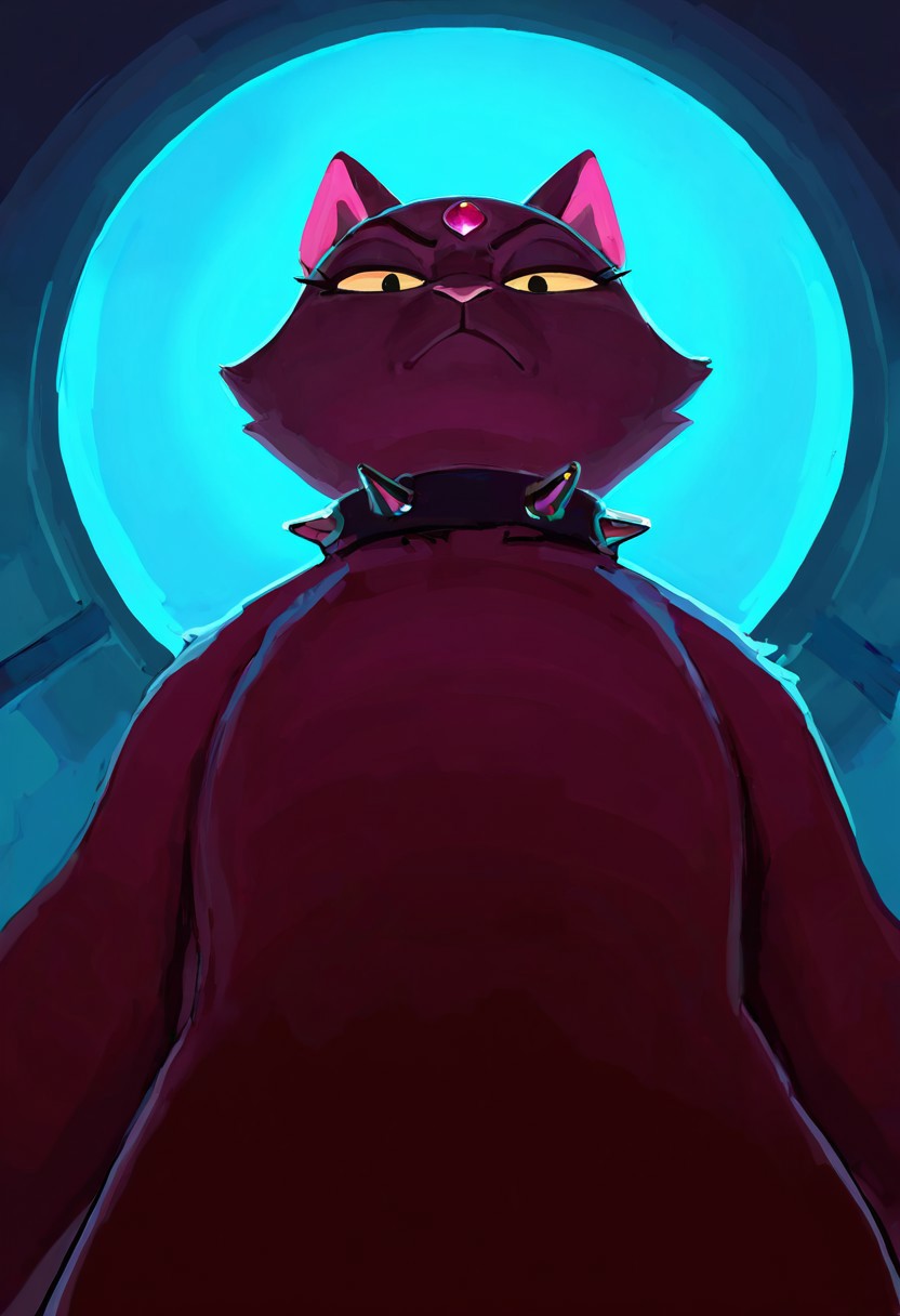 masterpiece, best quality, absurdres, highres, animal, solo, cat, forehead jewel, dramatic lighting, frown, facing viewer, looking at viewer, detailed background, spikes, spiked collar, from below, looking down, 
<lora:gumdrops_ill:1>