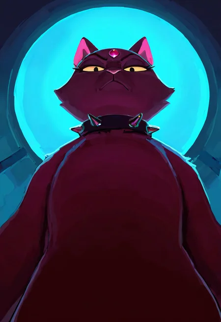 masterpiece, best quality, absurdres, highres, animal, solo, cat, forehead jewel, dramatic lighting, frown, facing viewer, looking at viewer, detailed background, spikes, spiked collar, from below, looking down,
<lora:gumdrops_ill:1>
