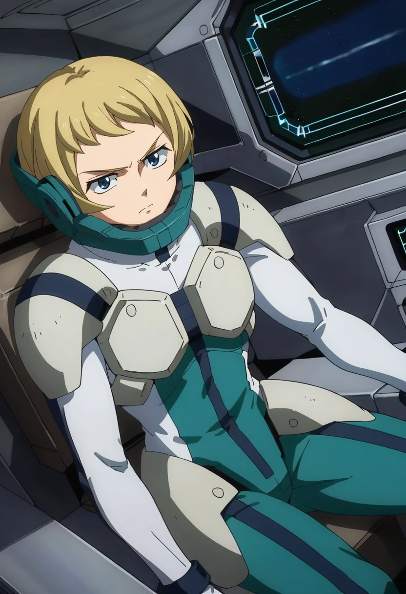 score_9,score_8_up,score_7_up,anime coloring BREAK source_anime,anime,<lora:Julieta_Juris_ORPHANS_Pony:0.8>,julieta,1girl,solo,blue eyes,blonde hair,short hair,pilot suit,neck guard,serious,sitting,indoors,cockpit,space,dutch angle,
