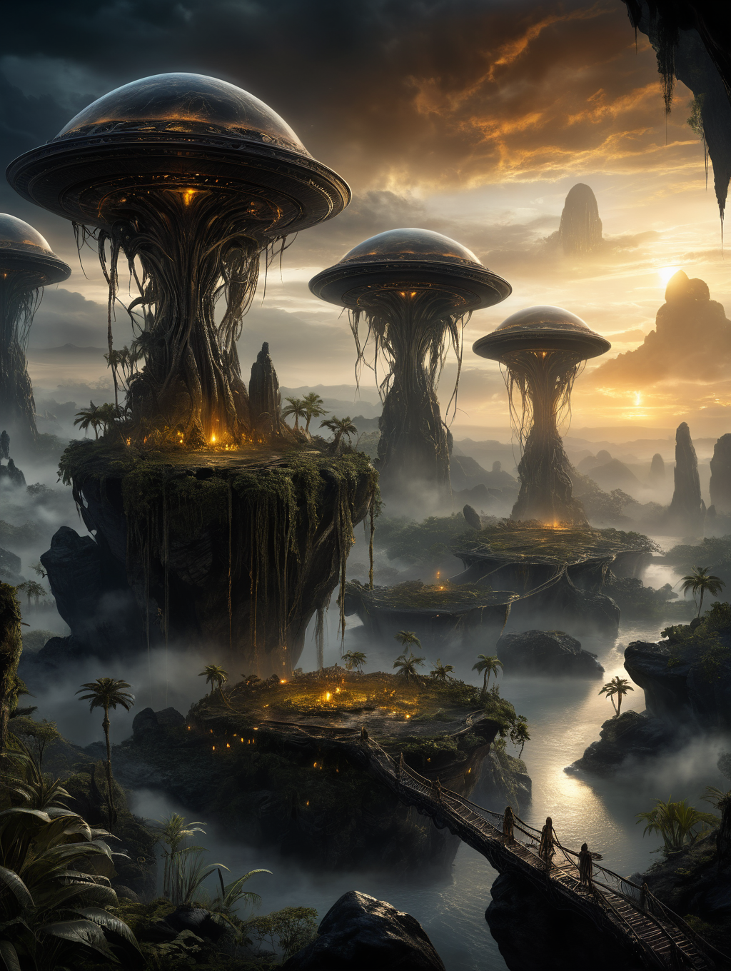 cinematic film still , alien landscape, floating islands, clouds, tendrils, dense dark jungle, glowing stones, colour palette white and black, sci-fi, golden hour, 32k uhd, HDR, fearsome appearance, masterpiece, high resolution, HD, 8k, best quality, intricate details, <lora:add-detail-xl:1.8> . shallow depth of field, vignette, highly detailed, high budget, bokeh, cinemascope, moody, epic, gorgeous, film grain, grainy